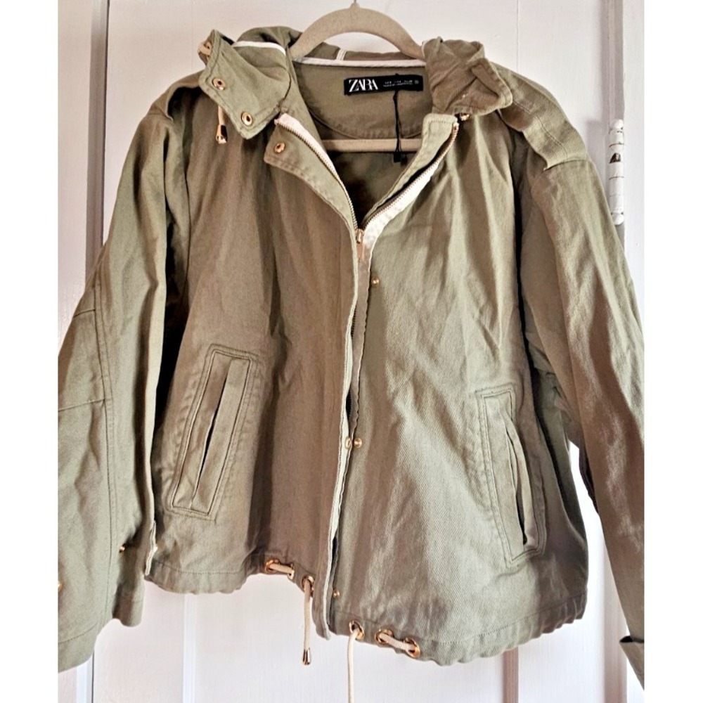 ZARA military parka olive green denim hoodie woman S full‎ zip sanps NWOT